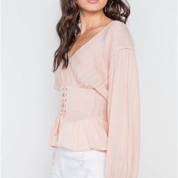 Blush Long Sleeve Lace Up Surplice Neck Top - Picture 3 of 4